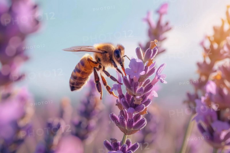 Bee, honey bee (Apis sp.) sitting on a lavender flower (Lavandula), AI generated, AI generated, AI generated