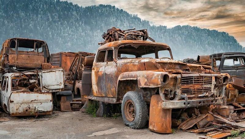 A collection of rusty, abandoned cars in a junkyard with a mountainous landscape in the background, symbol photo, AI generated, AI generated