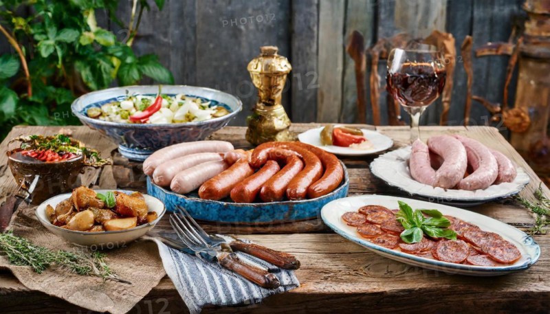Food, dishes, different types of sausage on a rustic table, AI generated, AI generated