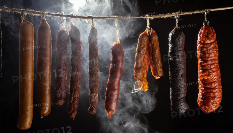 Food, various smoked sausages hanging on a string next to each other in the smoker, AI generated, AI generated