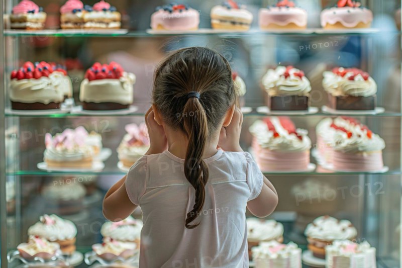 Young girl child looking at various cakes through shopping window of pastry shop. KI generiert, generiert, AI generated