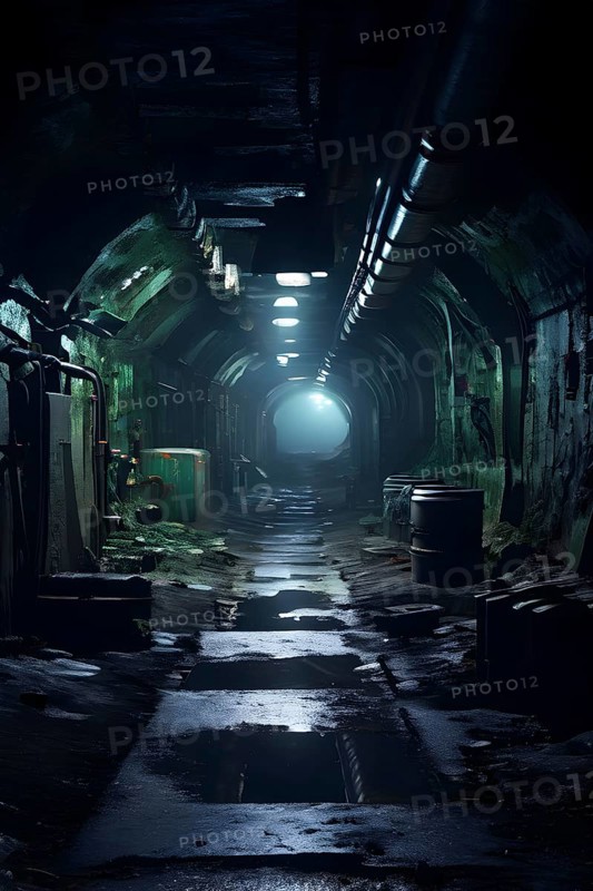 Abandoned underground bunker suggesting illegal nuclear waste, AI generated