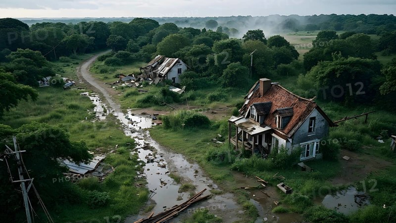 Aerial view showcases the extensive demolition within a village in massive water flood, AI generated