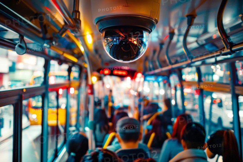 Camera for surveillance in a public bus. Control of critical infrastructures such as publicly accessible rooms and areas, CCTV, AI generated, AI generated, AI generated