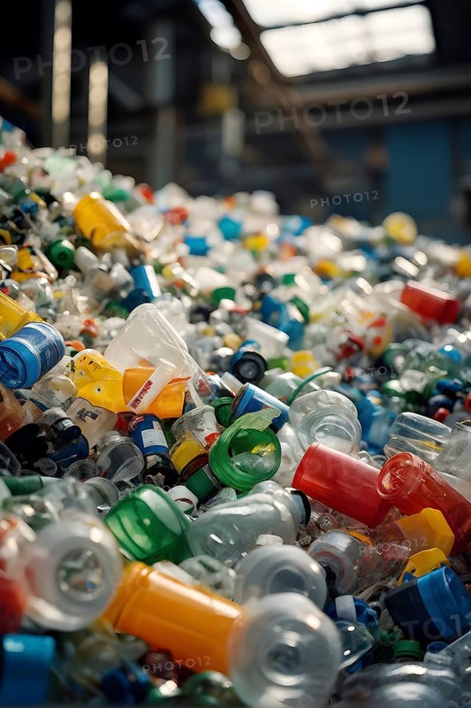 Plastic recycling process with shredded pet bottles and assorted plastic waste compressed, AI generated