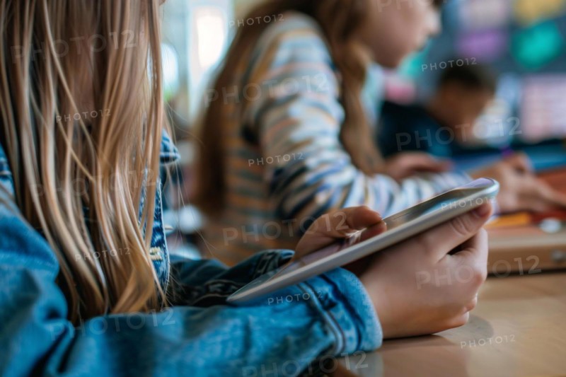 Young girl child learning with digital tablet notebook on in school. Concept for modern technology in education. KI generiert, generiert KI generiert, generiert AI generated