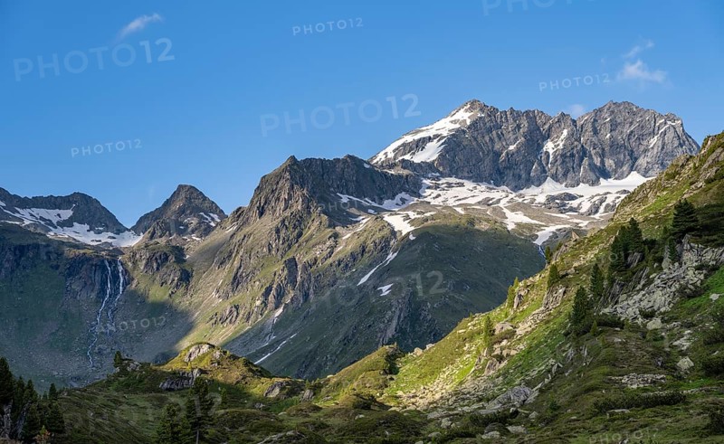 Mountain landscape with waterfall of the mountain stream Zemmbach, behind mountain peak Kleiner Mörcher, Berliner Höhenweg, Zillertal Alps, Tyrol, Austria, Europe