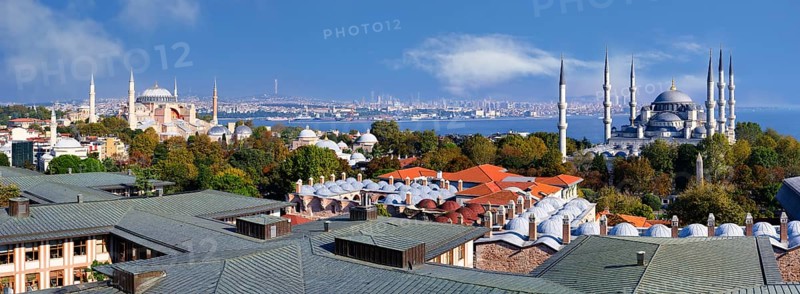 Panorama over Haghia Sophia and Sultan Ahmnet Mosque, Istanbul, Turkey, Asia