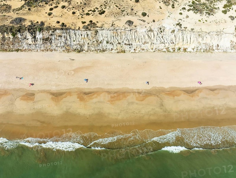 Beach life at the Asperillo cliff, the highest dune cliff in Europe. At the Atlantic Ocean near Matalascañas. Aerial view. Drone shot. Doñana Natural Park, Huelva province, Andalusia, Spain, Europe