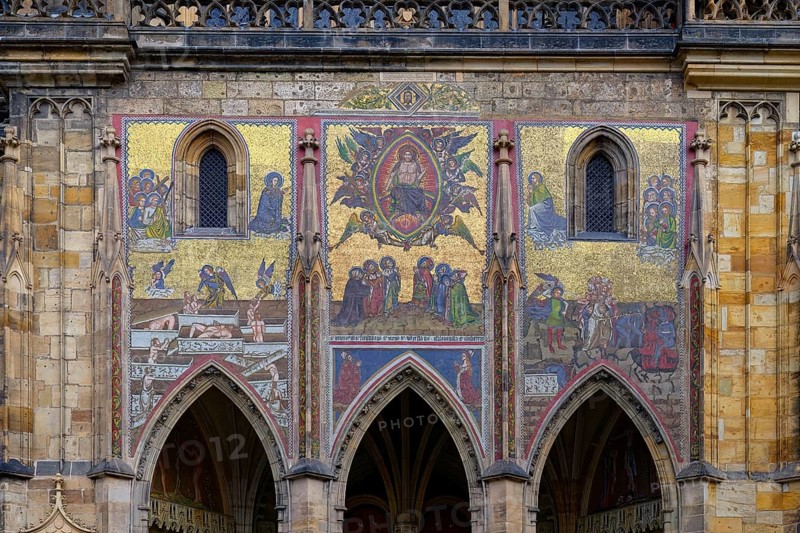 Prague castle, Gothic Metropolitan Cathedral of Saints Vitus, Wenceslas and Adalbert, Last Judgment mosaic on the Golden Gate, Prague, Czech Republic, Europe