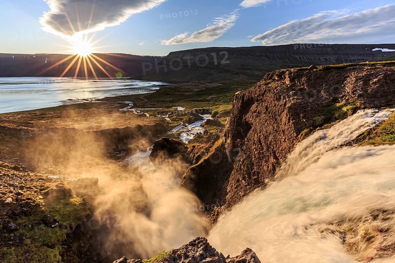 Waterfall, midnight sun, sun star, clouds, mountains, coast, Dynjandi, Westfjords, Iceland, Europe