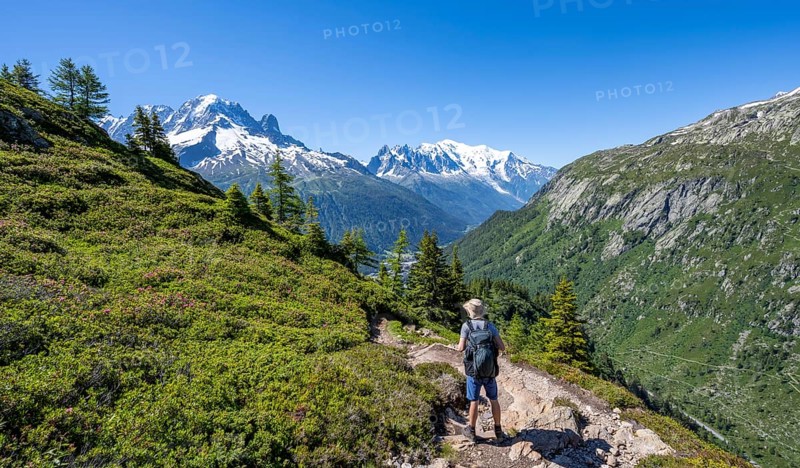 Mountaineer on hiking trail, mountain panorama with glaciated mountain peaks, Aiguille Verte with Aiguille du Midi and Mont Blanc, hike to Aiguillette des Posettes, Chamonix, Haute-Savoie, France, Europe