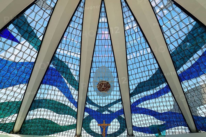 Stained glass ceiling, Roman Cathedral of Brasilia or Metropolitan Cathedral of Our Lady of Aparecida, designed by Oscar Niemeyer, World Heritage Site, Brasilia, Federal district, Brazil, South America