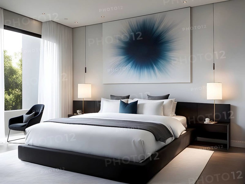 Empty modern bedroom with a large, plush bed covered in white linens, a single framed artwork on the wall, and natural light filtering through sheer curtains, AI generated