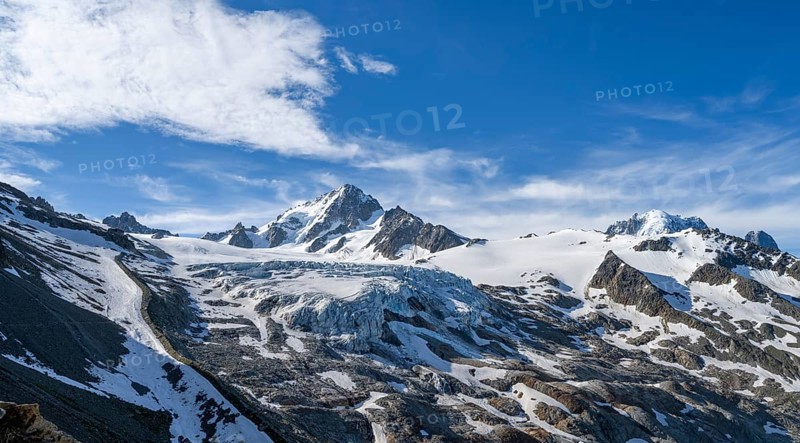 High alpine mountain landscape, summit of the Aiguille de Chardonnet and Glacier du Tour, glaciers and mountain peaks, Chamonix, Haute-Savoie, France, Europe