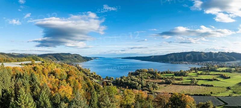 Aerial view, panorama of the Stockach Aach estuary with autumnal vegetation at the northwest bay of Lake Überlingen, on the left the village of Ludwigshafen, on the right the village of Bodman with the Bodanrück, Lake Constance, Constance district, Baden-Württemberg, Germany, Europe