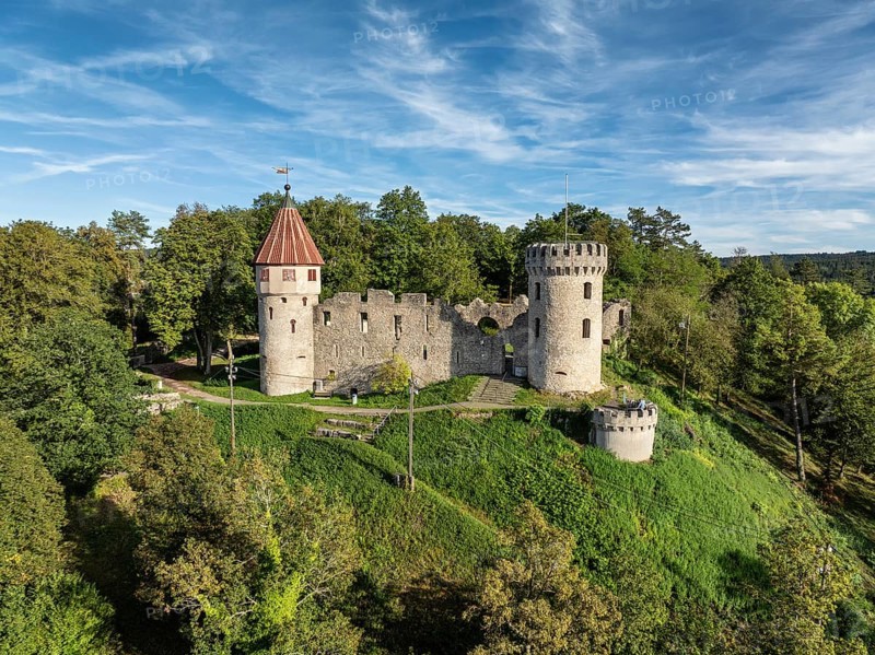 Aerial view of the Honburg castle ruins on the Honberg above the town of Tuttlingen, district of Tuttlingen, Black Forest, Baar, Heuberg, Baden-Württemberg, Germany, Europe