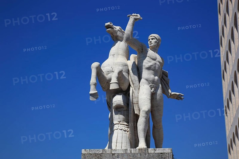 Statue at the Palazzo della Civilta Italiana, Palace of Italian Civilisation, also Palazzo della Civilta del Lavoro, Colosseo quadrato, Esposizione Universale di Roma, Universal Exposition of Rome, EUR, Italy, Europe