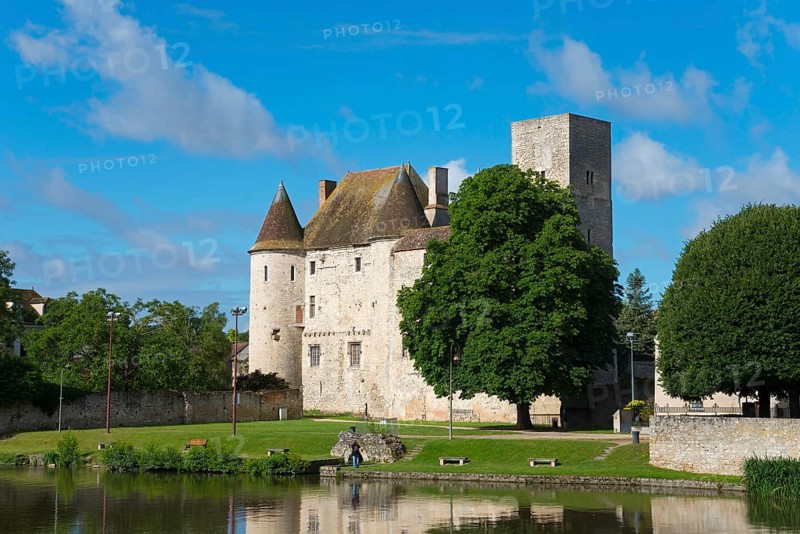 Historisches Schloss mit Burgturm an einem klaren blauen Himmel, umgeben von grünen Bäumen und Wasser, Château-Musée de Nemours, Schloss von Nemours, Museum, Nemours, Fluss Loing, Département Seine-et-Marne, Region Île-de-France, Ile-de-France, Frankreich