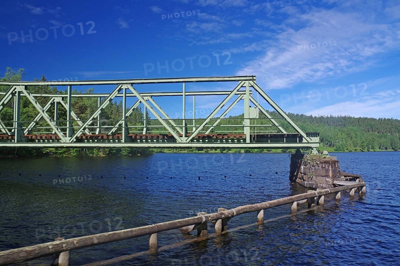 A green metal bridge crosses a river in a natural setting with trees and blue sky, railway bridge, Dalsland Canal, Dalsland, Sweden, Europe