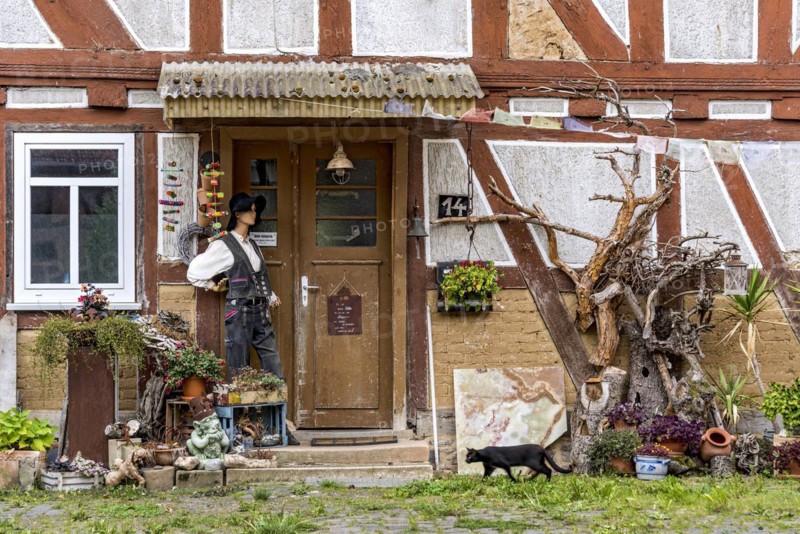 Old half-timbered house, entrance curiously decorated with mannequin in costume, carpenters' guild, traditional clothing, black cat, Nidda, Vogelsberg, Wetterau, Hesse, Germany, Europe