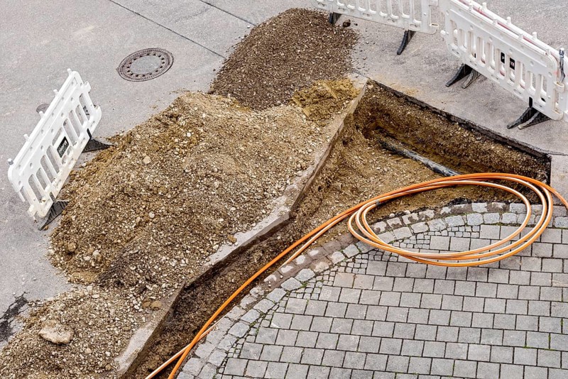 Fibre optic cable, cable trench, trench, construction site, fibre optic expansion, fast Internet, residential area, rural, village, Marzling, Upper Bavaria, Bavaria, Germany, Europe