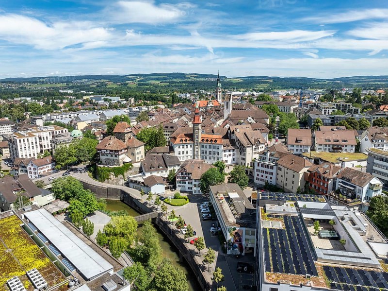Aerial view, townscape, city centre, old town of Frauenfeld, with the Frauenfeld castle and the town hall, in front the river Murg, canton Thurgau, Switzerland, Europe