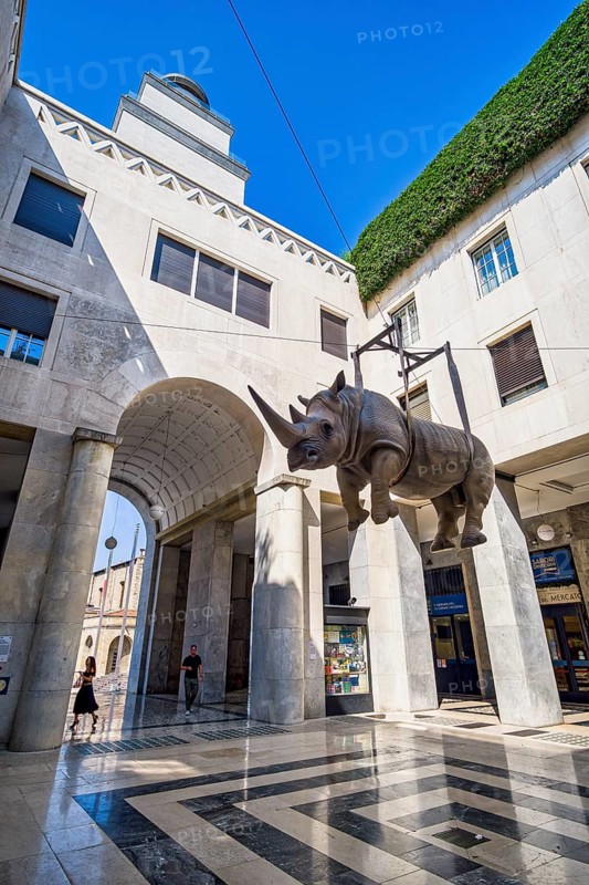 Hanging sculpture of a rhinoceros, Brescia, Lombardy, Italy, Europe
