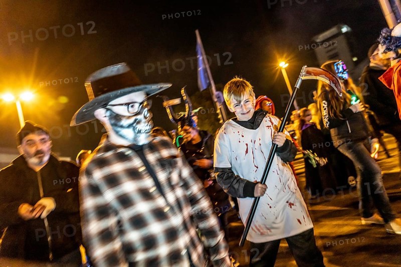 The Zombiewalk in Essen, on Halloween several hundred people, some dressed as scary zombies, undead, walked from the main railway station to the district of Rüttenscheid, North Rhine-Westphalia, Germany, Europe