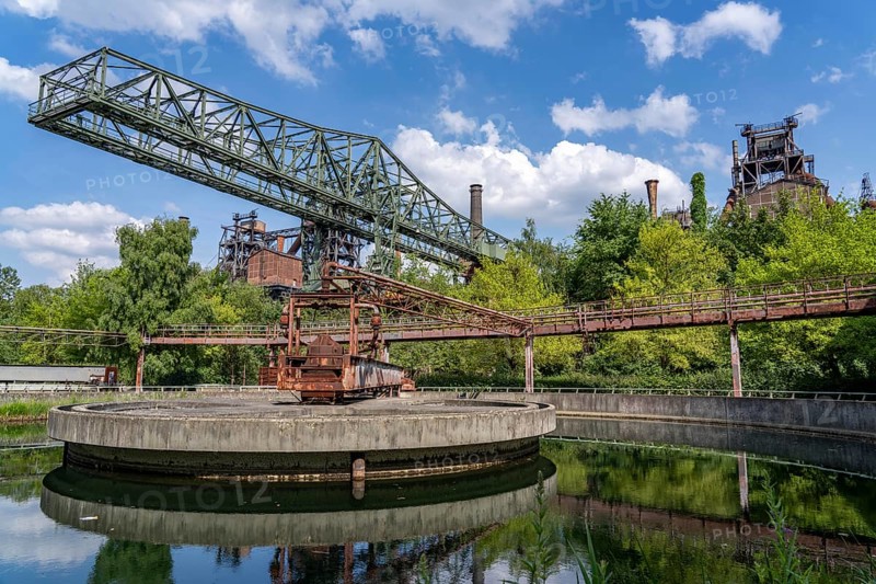 Duisburg North Landscape Park, circular clarifier, crocodile crane, blast furnaces, North Rhine-Westphalia, Germany, Europe