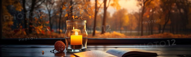 Warm and inviting lit candle resting near an open book on wood window sill in A fall setting. generative AI., AI generated