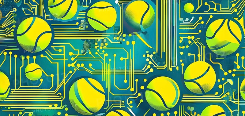 Vibrant mix of abstract circuitry intertwined with tennis balls, representing AI role in personalized sports training, AI generated