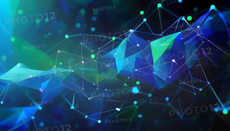 Abstract polygons shifting and rotating seamlessly, connected by glowing lines representing AI networks, vibrant hues, AI generated