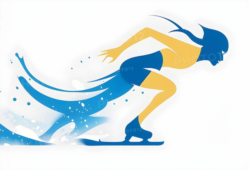 Ice speed skater illustration, depicted as a minimalist silhouette in motion in contrasting vibrant colors, AI generated