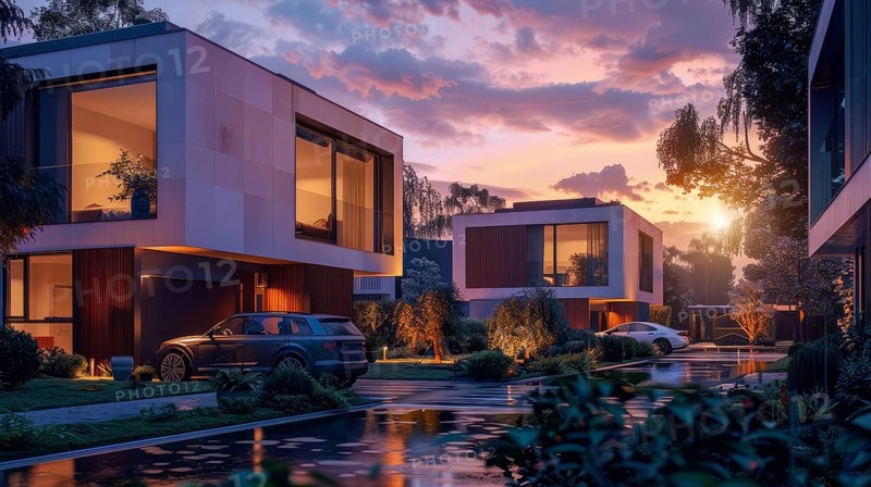 Luxury modern condo apartment complex exterior in upscale expensive neighborhood, AI generated