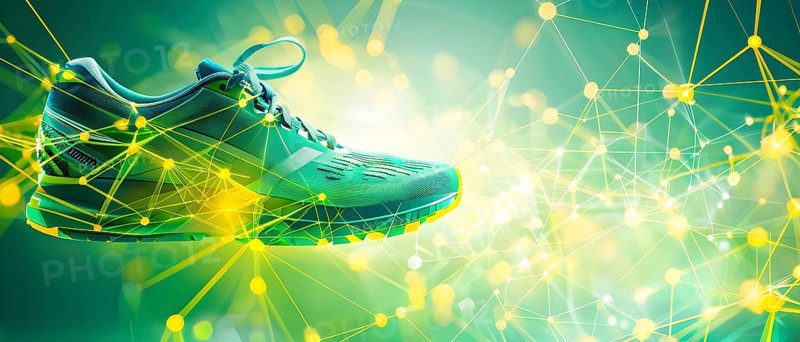 Sporting equipment, like a running shoe, breaking into pixels and data points, morphing into a network of neural nodes, AI generated