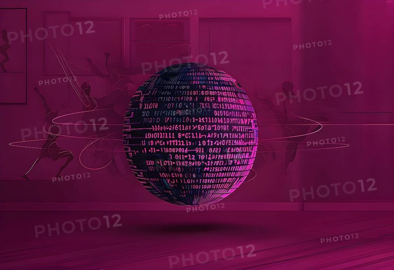 Illustration of an abstract, vibrant magenta colored rotating digital sphere with patterns resembling AI algorithms, surrounded by faint lines tracing athletic motions, AI generated