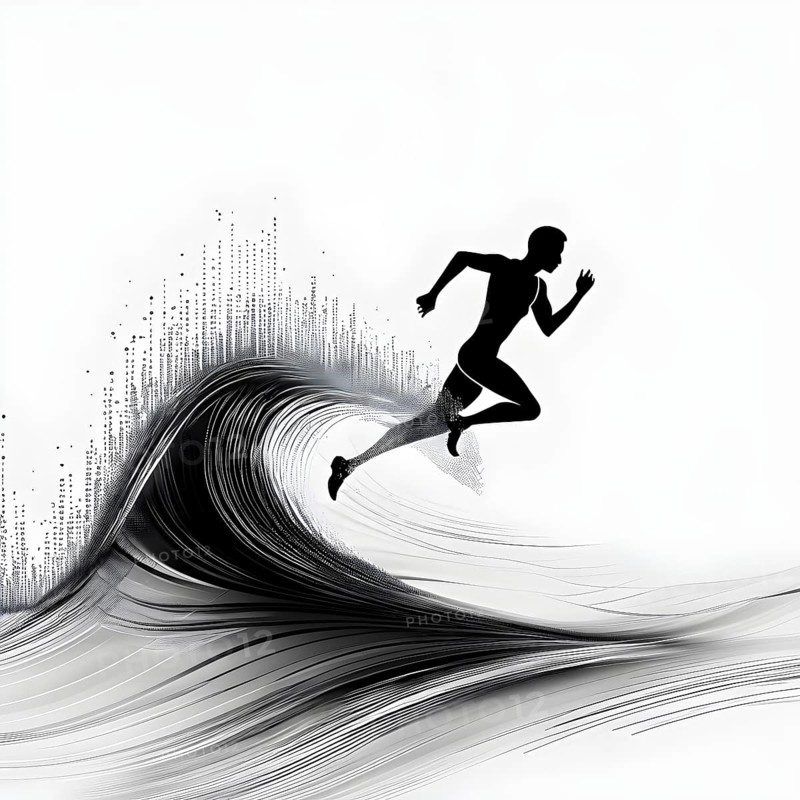 Wave of data points shaping into a runners silhouette, abstract illustration in black and white, conveying speed and precision guided by AI, AI generated