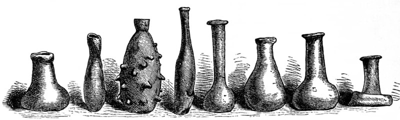 Unguentarium, balsamarium, lacrimarium or tear jars, small glass vessels for ointments, medicine or similar substances, archaeological finds from Tbilisi, use since antiquity, narrow bottle neck, archaeological finds, history of mankind, Georgia, historical illustration 1880, Asia