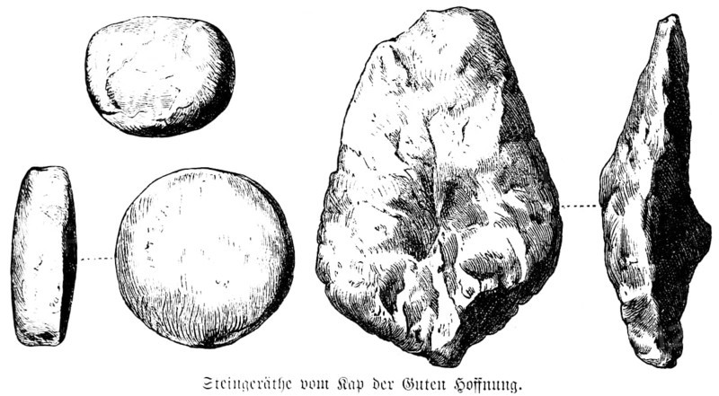 Unpolished stone tools from the Cape of Good Hope, so-called thunderbolts, used as hammers, chisels and leaf-shaped arrowheads, archaeological finds, history of mankind, South Africa, historical illustration 1880, Africa
