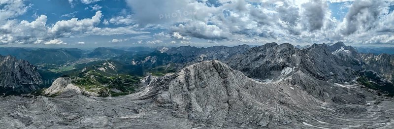 Alpine panorama, aerial view, 360° view from the Alpspitze, high mountains, Bavaria, Germany, Europe