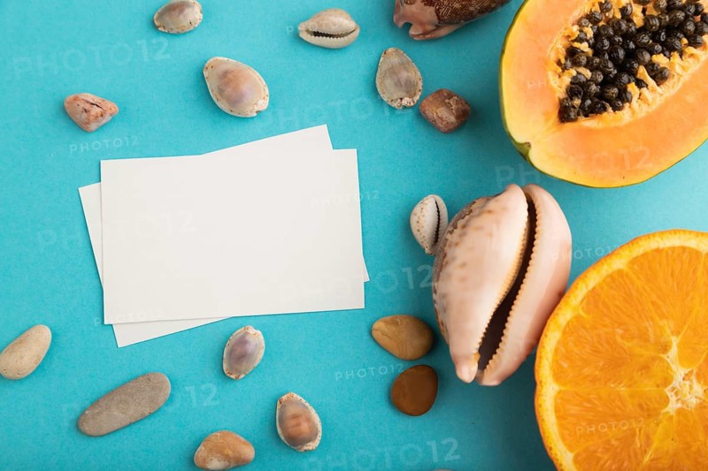 White paper business card with ripe cut papaya, orange, seashells on blue pastel pastel background. Top view, flat lay, copy space. Tropical, healthy food, vacation, holidays concept