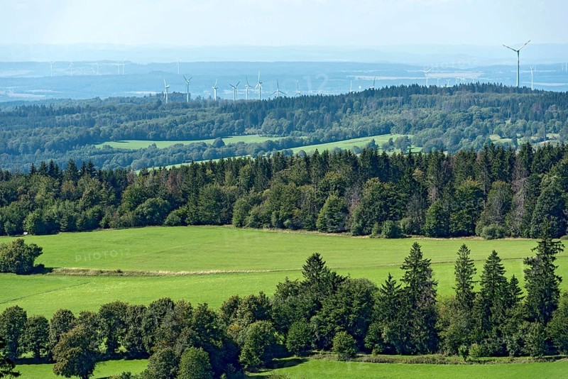 View of the Upper Nidda Valley, forests, fields and wind turbines, wind turbines, viewpoint from Hoherodskopf mountain, excursion destination, Schotten, Vogelsberg Volcanic Region nature park Park, Hesse, Germany, Europe