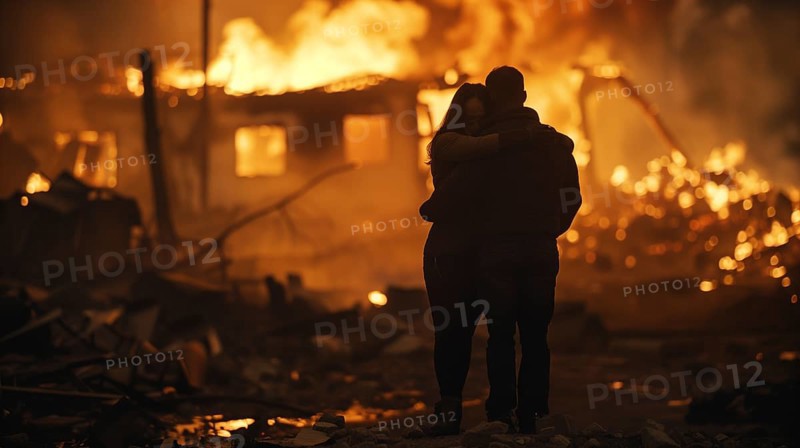 Couple embracing standing stunned gazing at the fire ruins of their home. generative AI, AI generated