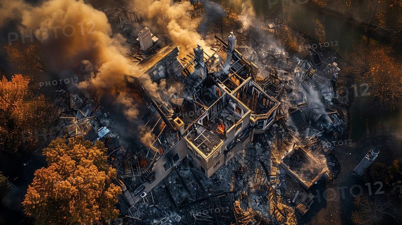 Aerial view of neighborhood in ruins from devastating fire. generative AI, AI generated