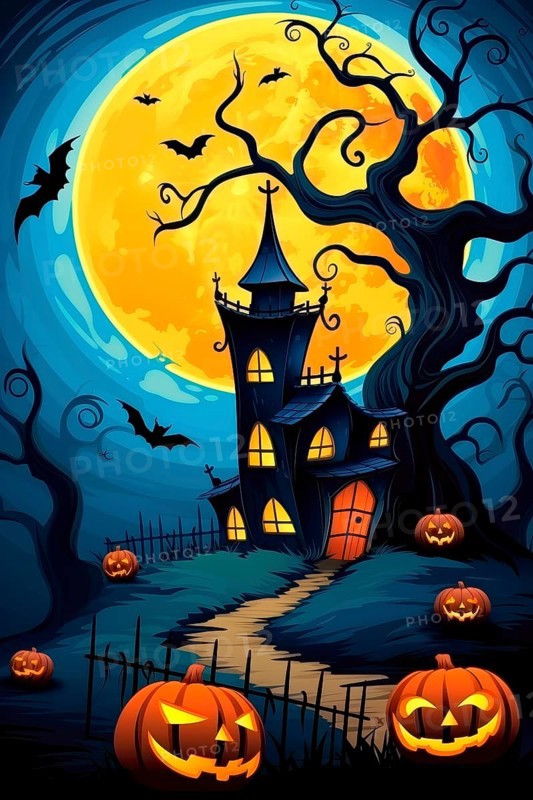 Year 60s and 70s Halloween poster with pumpkin and a fairy tale house under full moon, Bats Flying around, AI generated