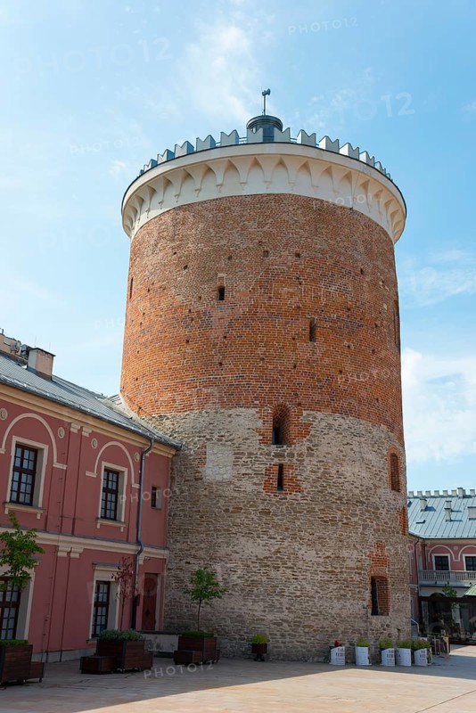 High brick tower in the courtyard of a historic building, watchtower, castle, museum, Lublin, Poland, Europe