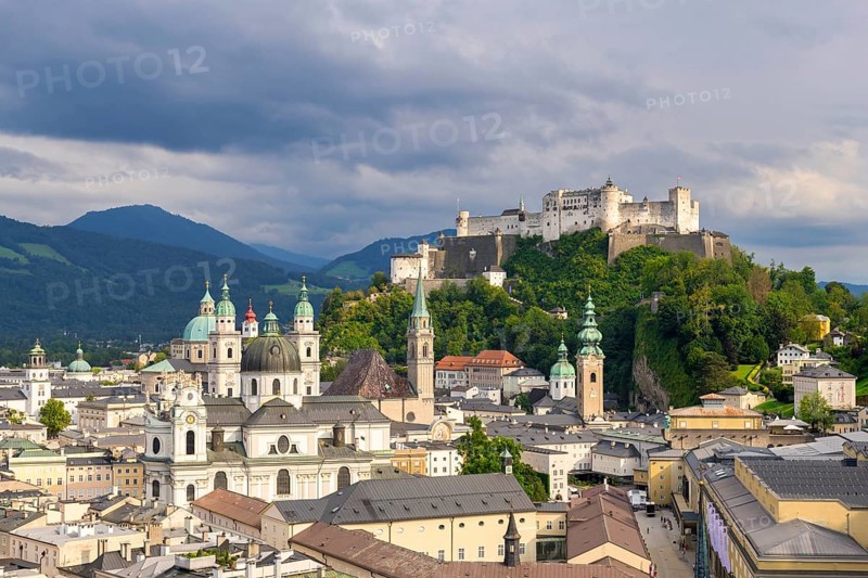 Salzburg's historic city centre with Hohensalzburg Fortress, surrounded by cloudy sky, Salzburg, Salzburger Land, Austria, Europe