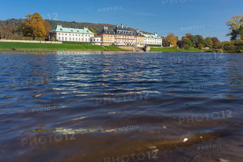 Pillnitz Palace, Water Palace seen across the Elbe, Dresden, Saxony, Germany, Europe