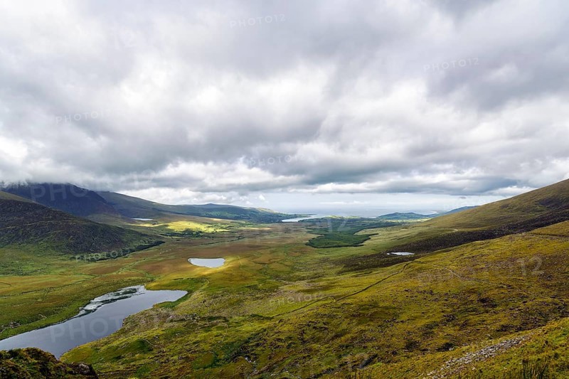 View from Connor Pass, also Conor Pass, to Brandon Bay, coastline, Dingle Peninsula, County Kerry, Wild Atlantic Way, Ireland, Europe